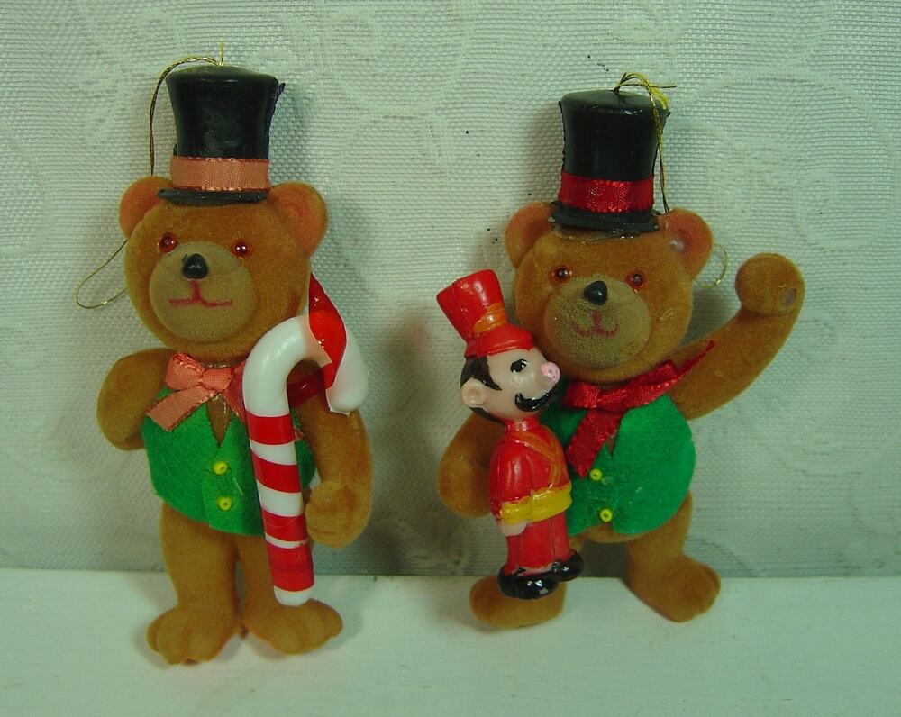 2 VINTAGE FLOCKED BROWN TEDDY BEAR ORNAMENTS-HOLDING CANDY CANE & TOY SOLDIER